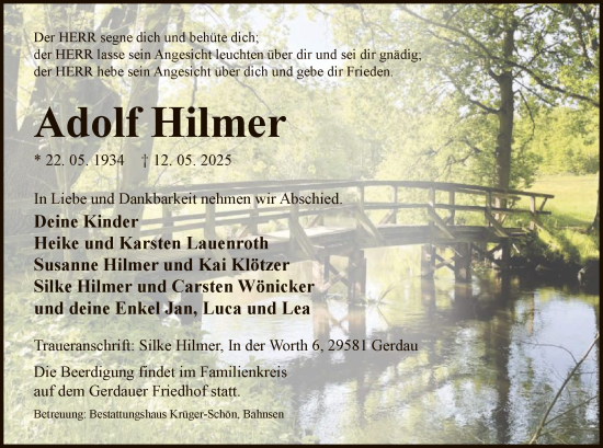 Traueranzeige von Adolf Hilmer von UEL