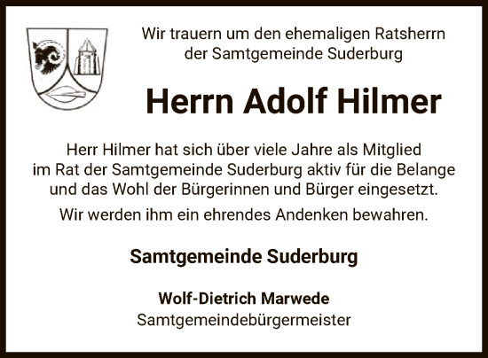 Traueranzeige von Adolf Hilmer von UEL