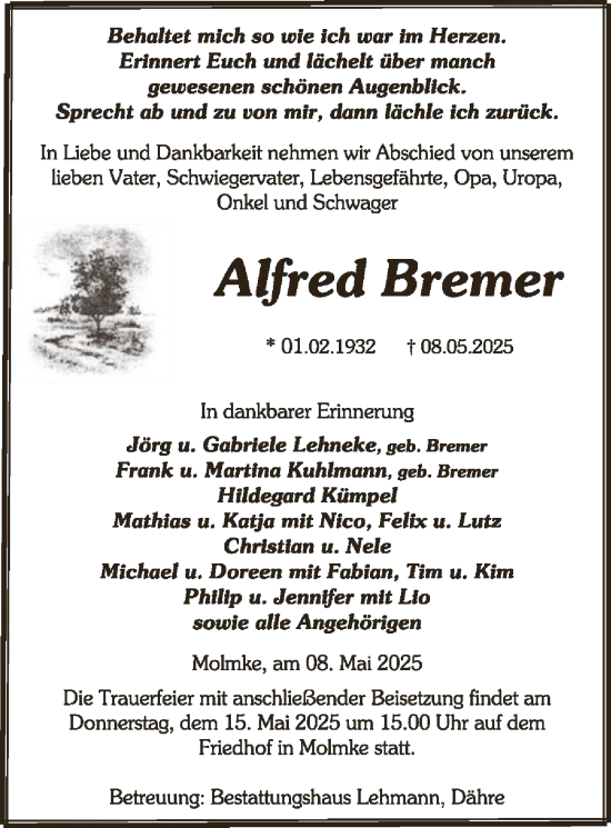 Traueranzeige von Alfred Bremer von UEL