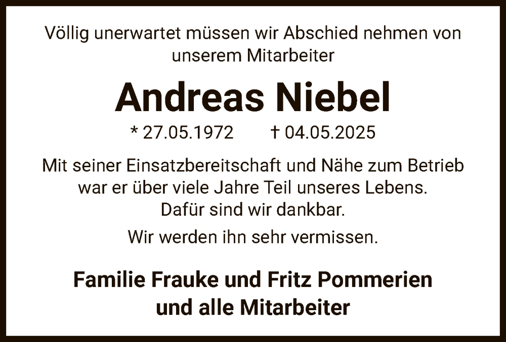  Traueranzeige für Andreas Niebel vom 08.05.2025 aus UEL