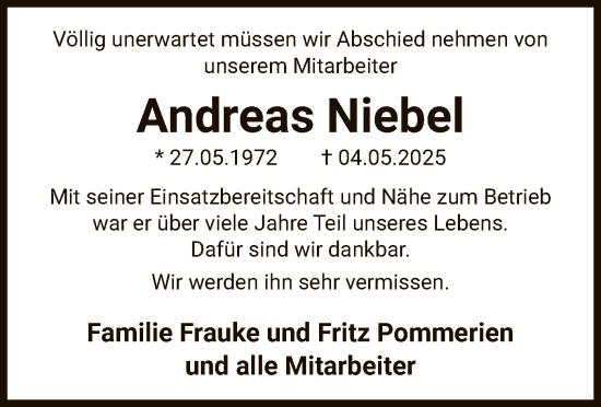 Traueranzeige von Andreas Niebel von UEL