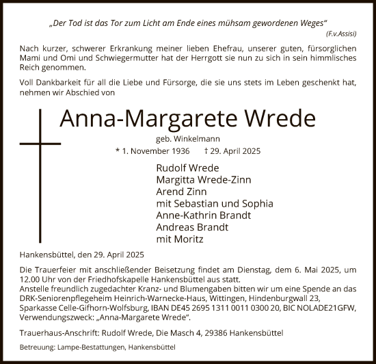 Traueranzeige von Anna-Margarete Wrede von UEL