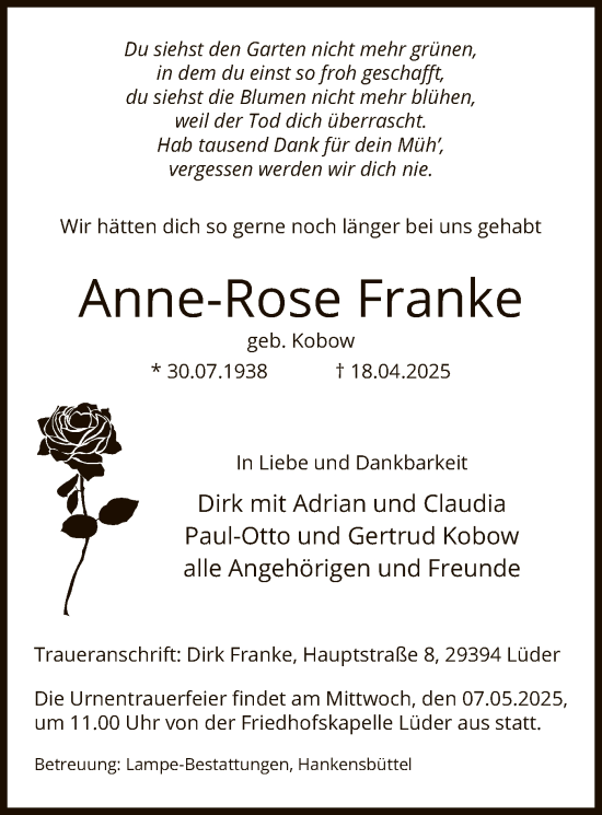 Traueranzeige von Anne-Rose Franke von UEL