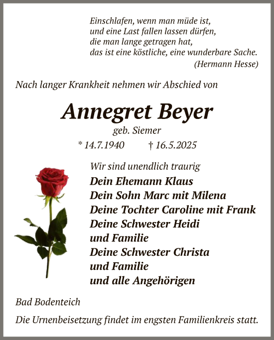 Traueranzeige von Annegret Beyer von AZ