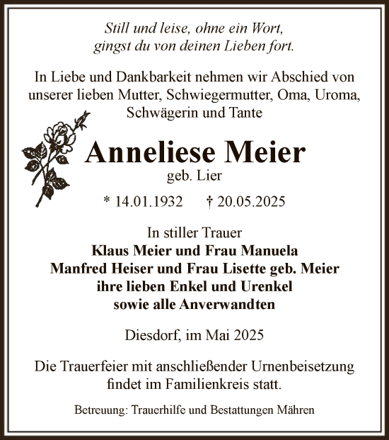 Traueranzeige von Anneliese Meier von AMZ