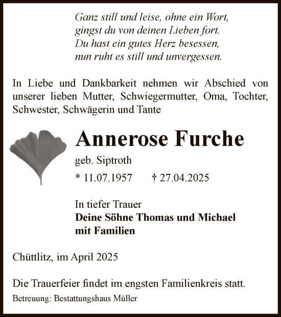 Traueranzeige von Annerose Furche von UEL