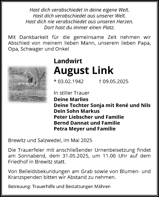 Traueranzeige von August Link von UEL