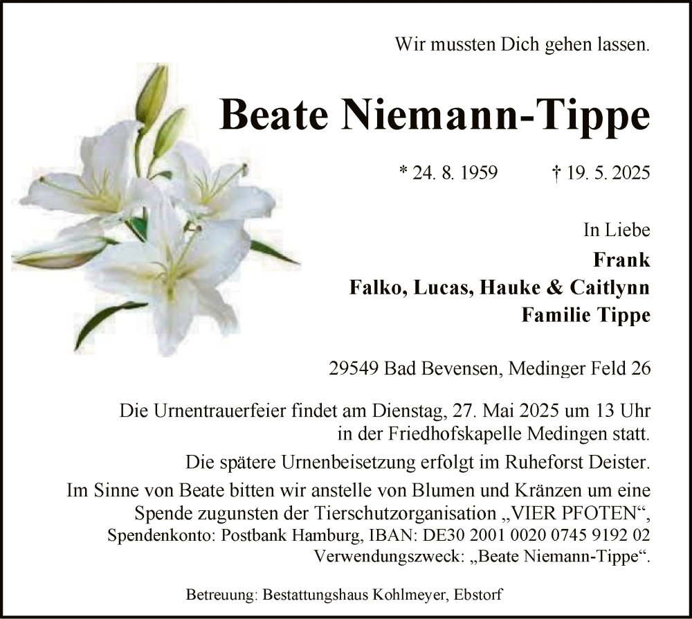  Traueranzeige für Beate Niemann-Tippe vom 24.05.2025 aus AZ