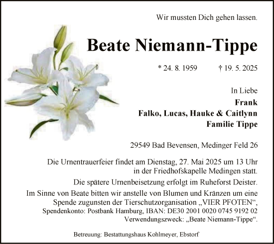 Traueranzeige von Beate Niemann-Tippe von AZ