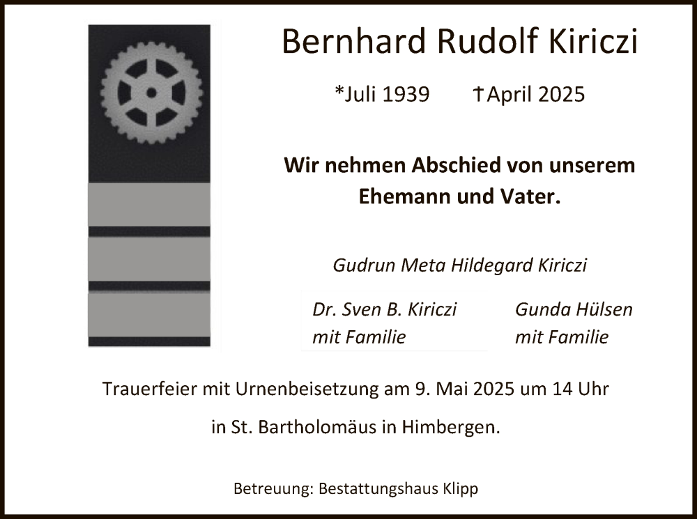  Traueranzeige für Bernhard  Kiriczi vom 03.05.2025 aus UEL