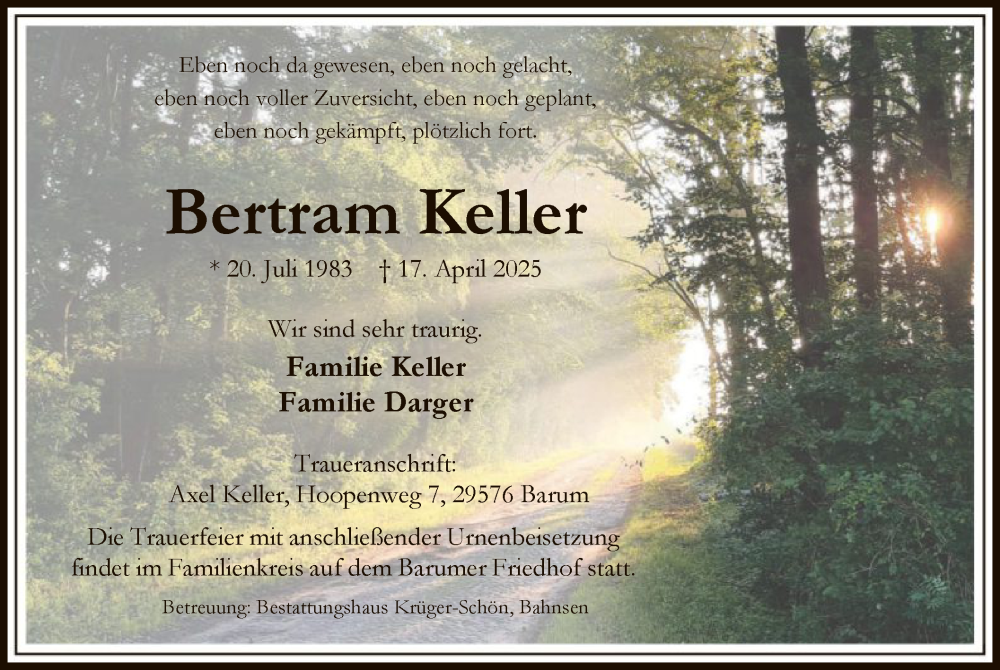  Traueranzeige für Bertram Keller vom 03.05.2025 aus UEL