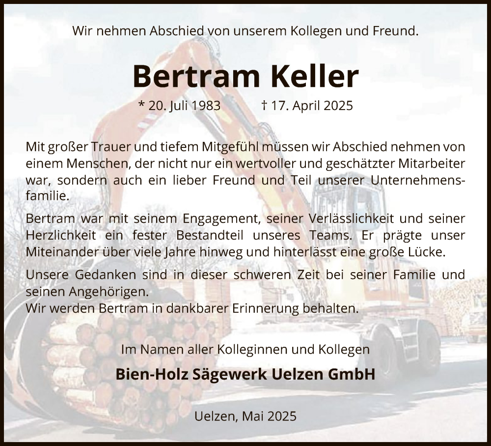  Traueranzeige für Bertram Keller vom 10.05.2025 aus UEL