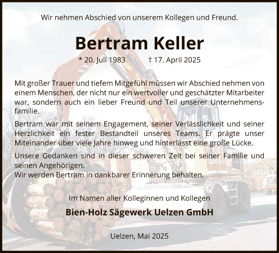 Traueranzeige von Bertram Keller von UEL