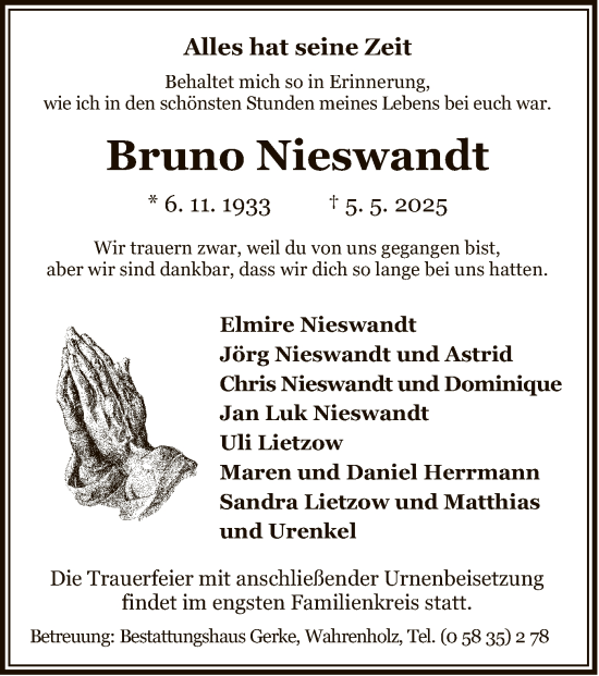 Traueranzeige von Bruno Nieswandt von UEL