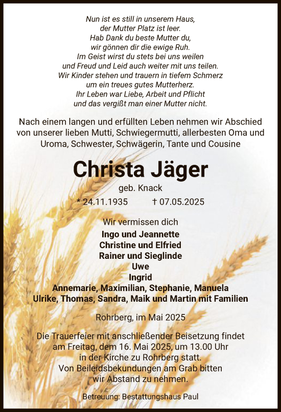 Traueranzeige von Christa Jäger von UEL