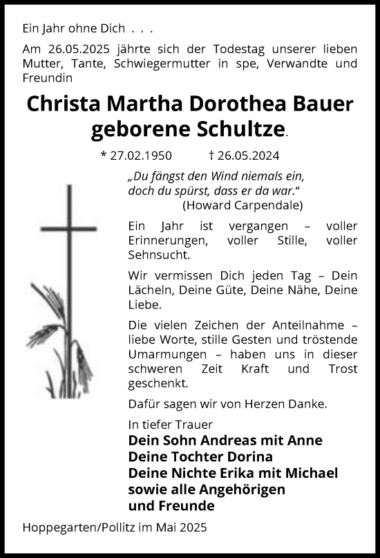 Traueranzeige von Christa Martha Dorothea Bauer von AMZ