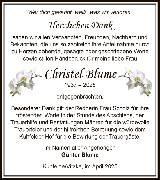 Traueranzeige von Christel Blume von UEL