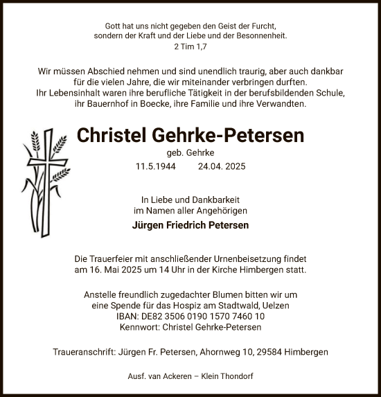 Traueranzeige von Christel Gehrke-Petersen von UEL
