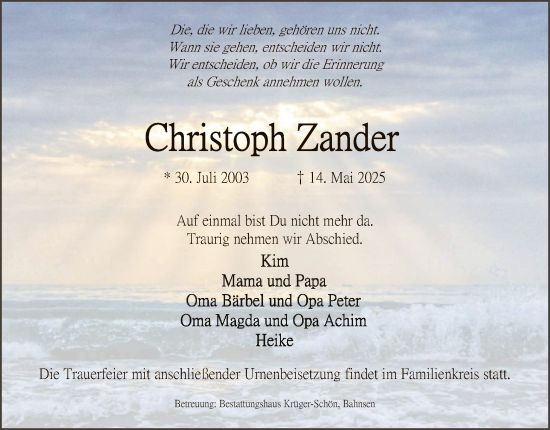 Traueranzeige von Christoph Zander von UEL