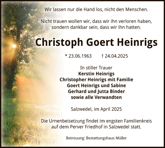 Traueranzeige von Christoph Goert Heinrigs von UEL