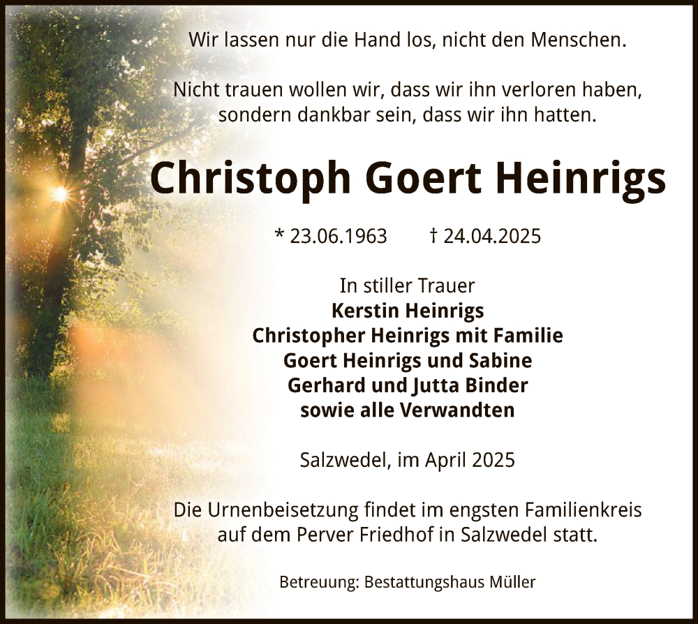  Traueranzeige für Christoph Goert Heinrigs vom 02.05.2025 aus UEL