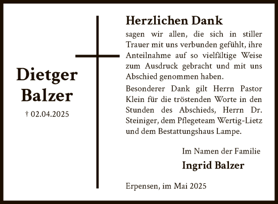 Traueranzeige von Dietger Balzer von UEL
