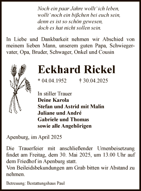 Traueranzeige von Eckhard Rickel von UEL