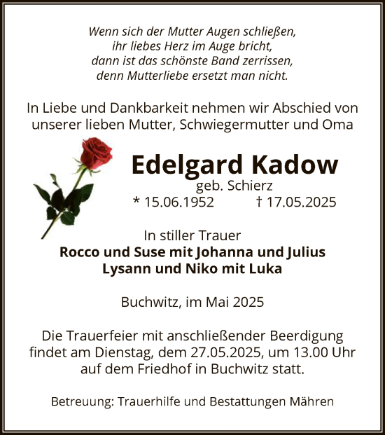 Traueranzeige von Edelgard Kadow von AMZ