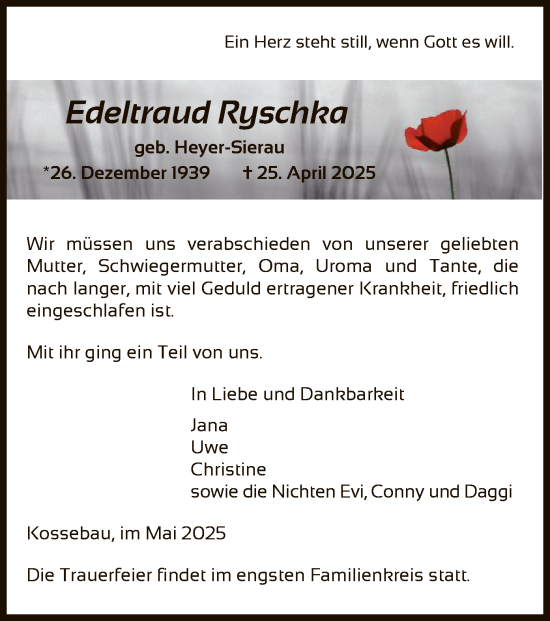 Traueranzeige von Edeltraud Ryschka von UEL