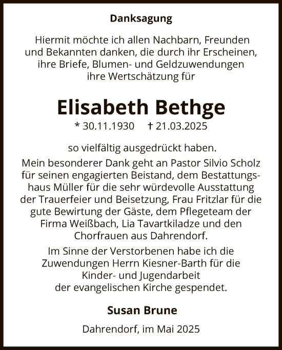 Traueranzeige von Elisabeth Bethge von AMZ