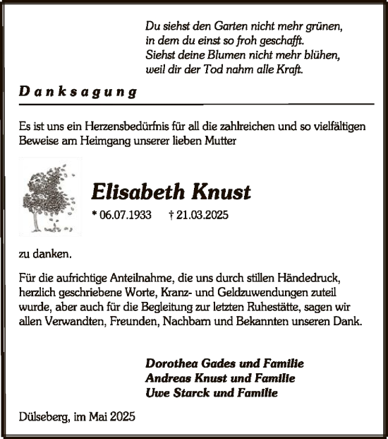 Traueranzeige von Elisabeth Knust von UEL