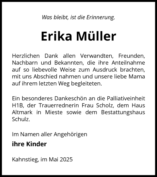 Traueranzeige von Erika Müller von AMZ