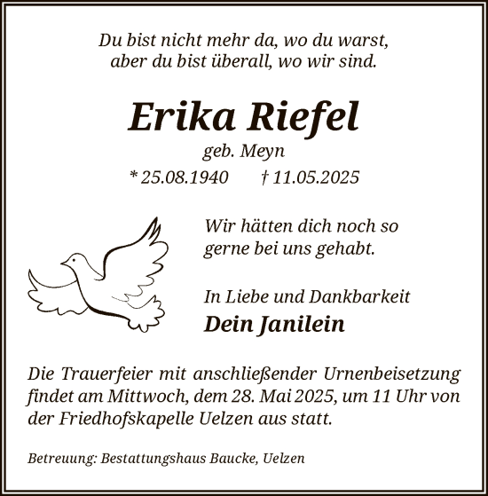 Traueranzeige von Erika Riefel von UEL