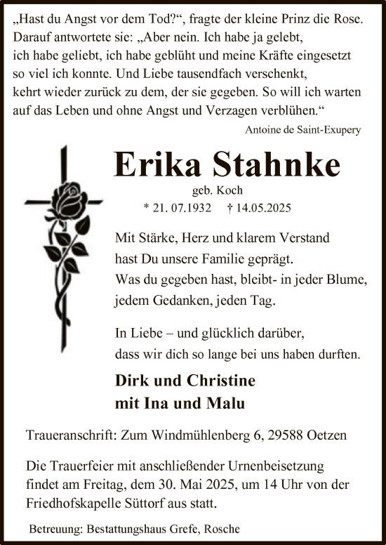 Traueranzeige von Erika Stahnke von UEL