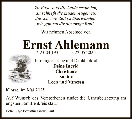 Traueranzeige von Ernst Ahlemann von AMZ