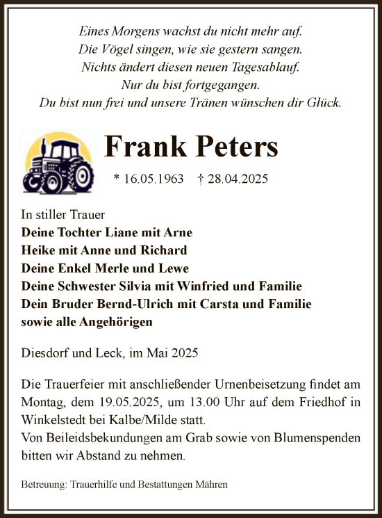 Traueranzeige von Frank Peters von UEL