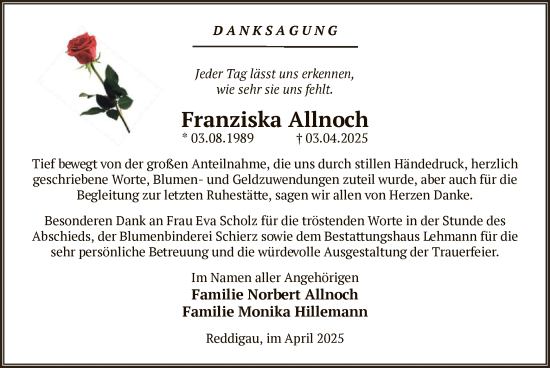 Traueranzeige von Franziska Allnoch von UEL