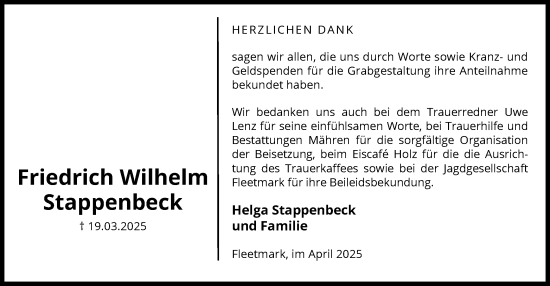 Traueranzeige von Friedrich Wilhelm Stappenbeck von UEL