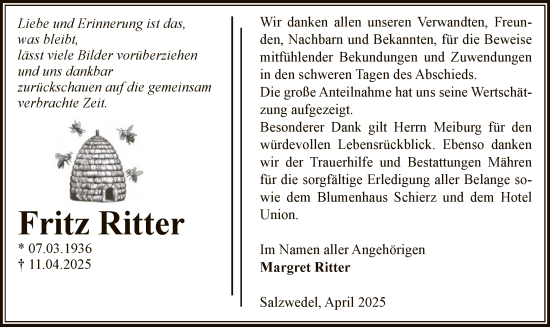 Traueranzeige von Fritz Ritter von UEL