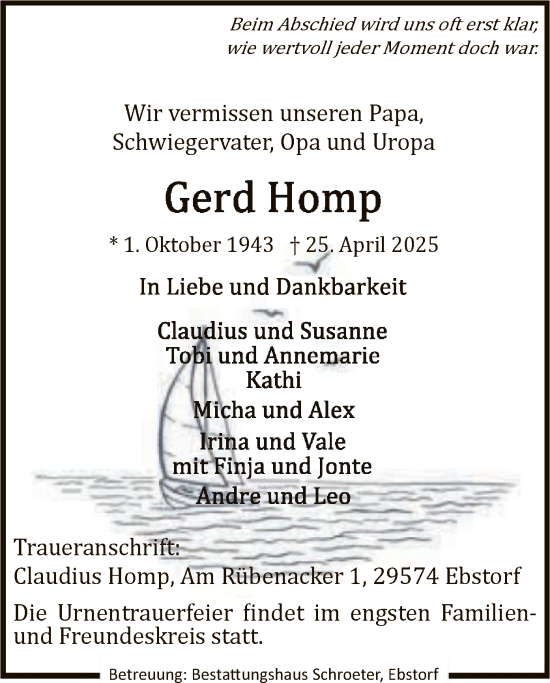 Traueranzeige von Gerd Homp von UEL