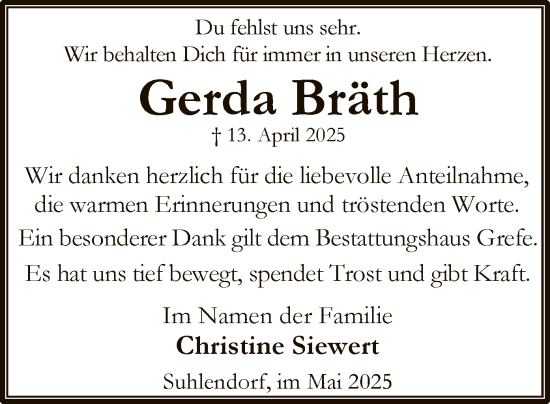 Traueranzeige von Gerda Bräth von UEL