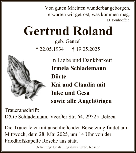 Traueranzeige von Gertrud Roland von AZ