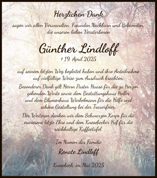 Traueranzeige von Günther Lindloff von UEL