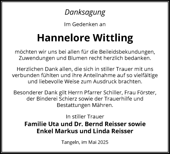 Traueranzeige von Hannelore Wittling von UEL