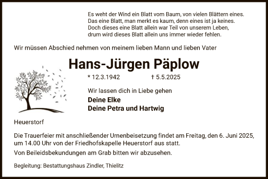 Traueranzeige von Hans-Jürgen Päplow von UEL