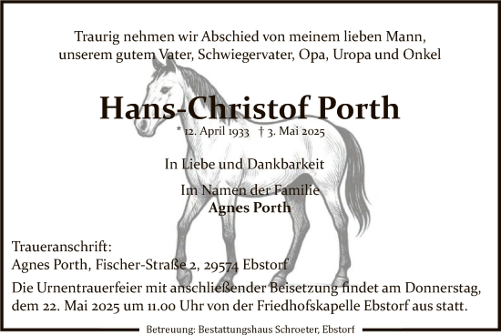 Traueranzeige von Hans Christof Porth von UEL