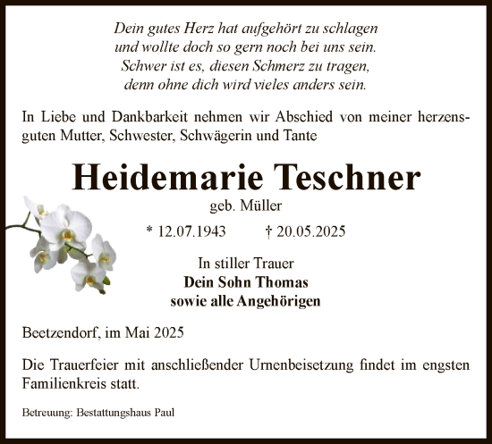 Traueranzeige von Heidemarie Teschner von AMZ
