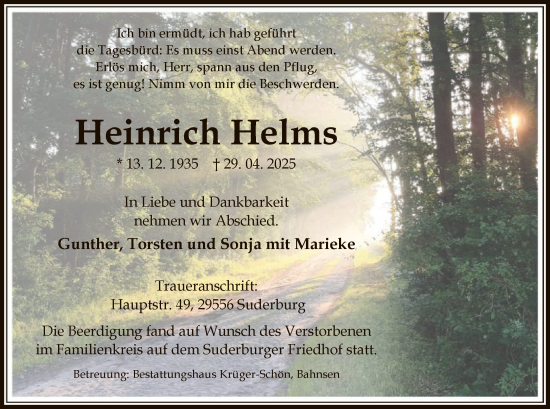 Traueranzeige von Heinrich Helms von UEL