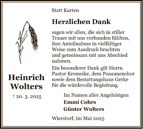 Traueranzeige von Heinrich Wolters von UEL