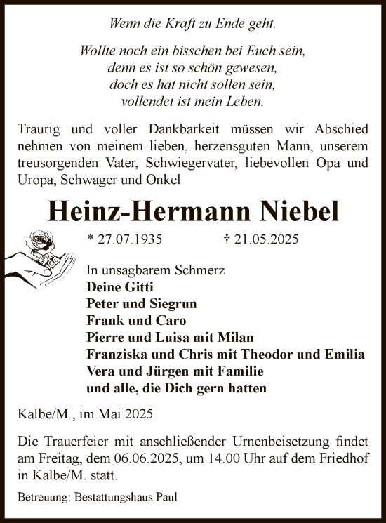 Traueranzeige von Heinz-Hermann Niebel von AMZ